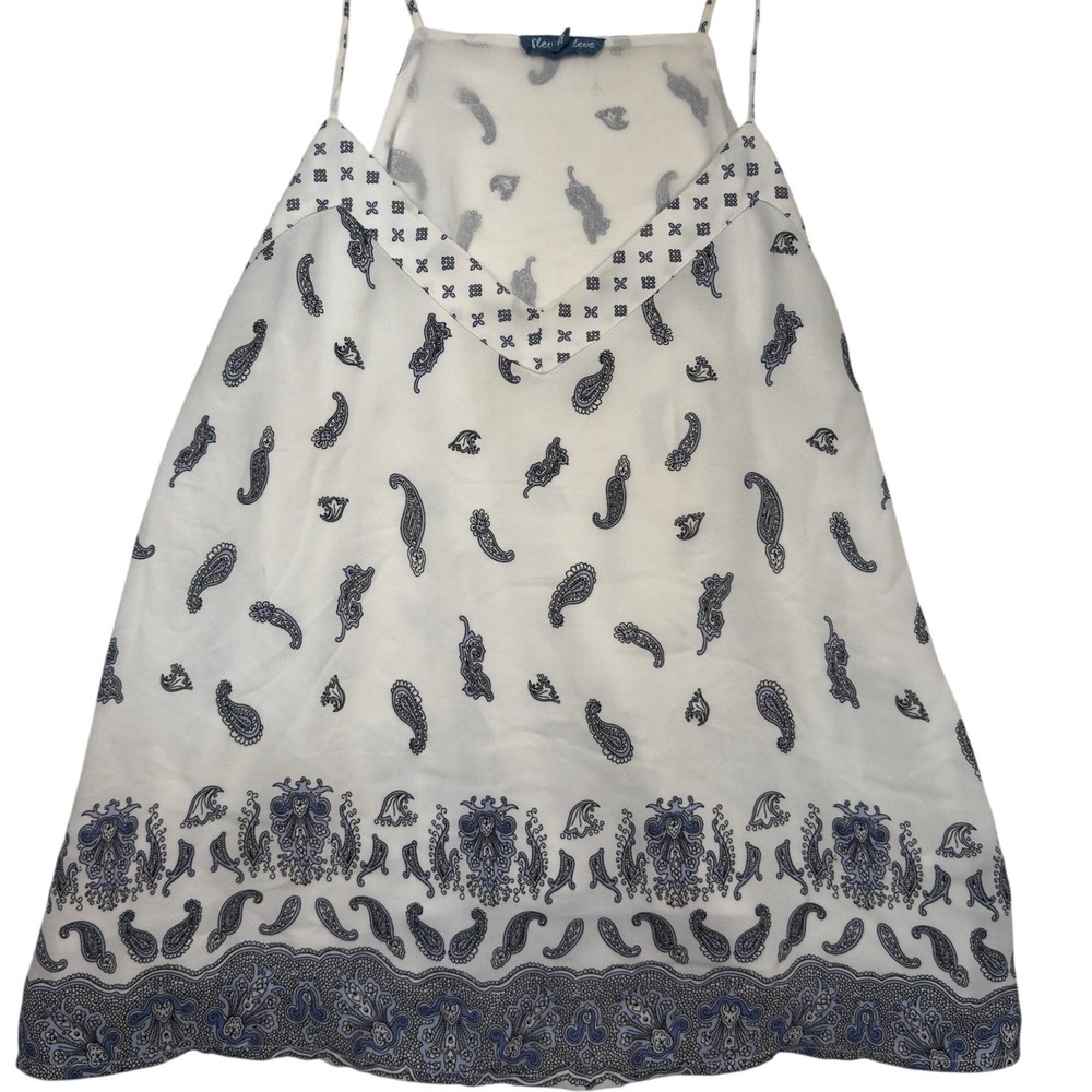 Fleur Bleue Woman's Cami Top Large Paisley Boho Spaghetti Strap White Blue